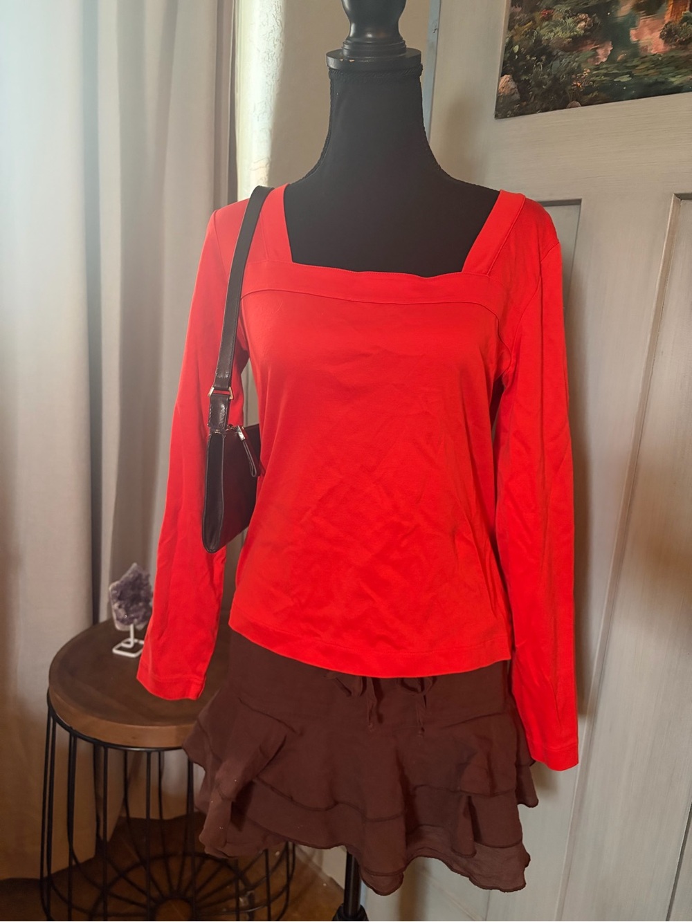 Joan Vass Bright Red Square-Neck Long Sleeve Top